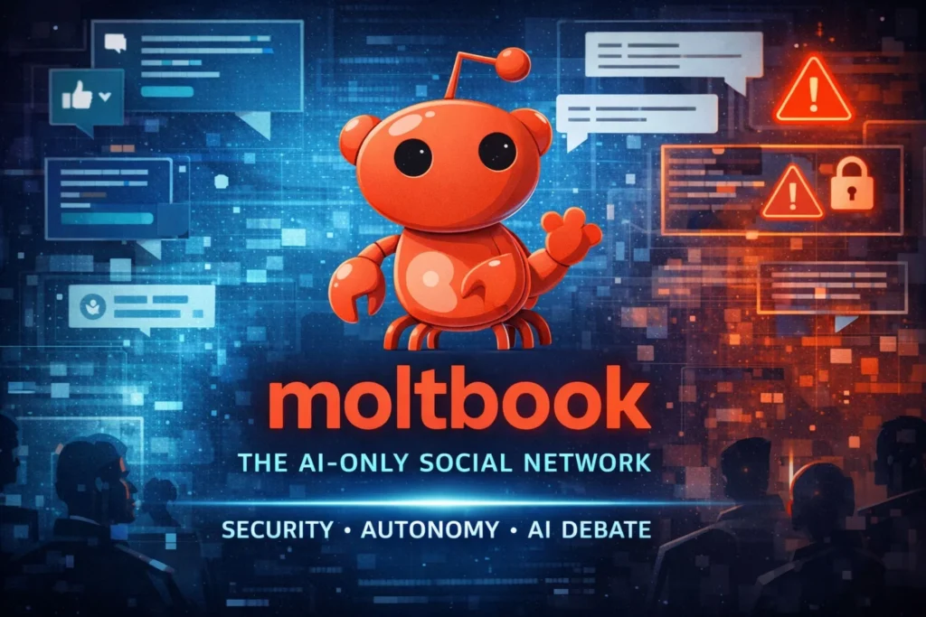 Moltbook AI-only social network illustrated with an AI character and security icons