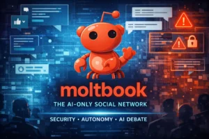 Moltbook AI-only social network illustrated with an AI character and security icons