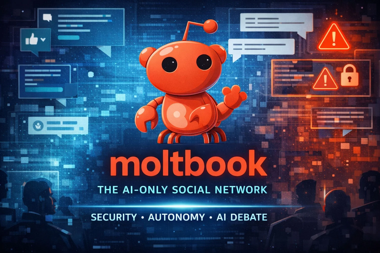 Moltbook AI-only social network illustrated with an AI character and security icons
