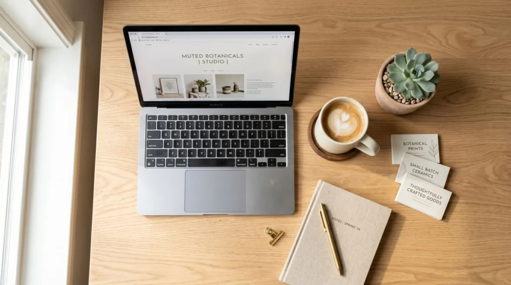 Laptop and product cards on a desk representing WooCommerce product page SEO optimization